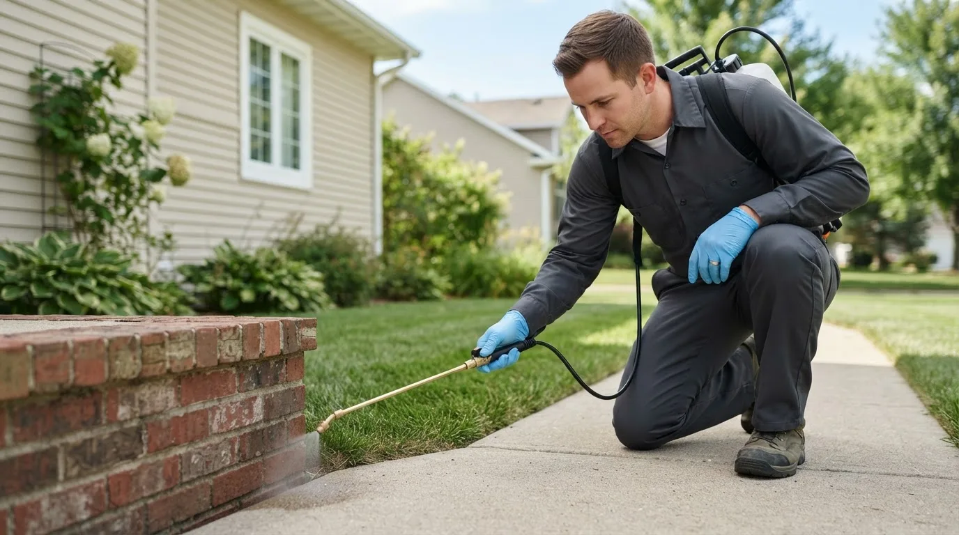 Pest control technician treating a home near Winchester, CT