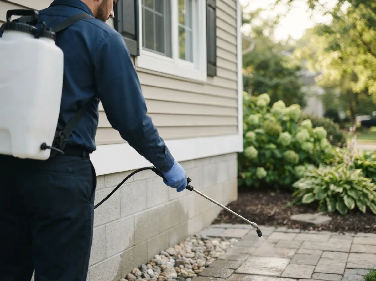 Pest control technician inspecting a home in Winchester, CT